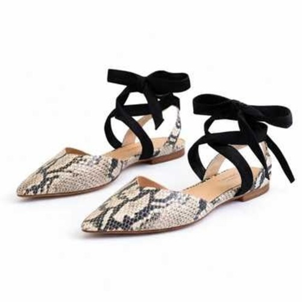 Schutz Barbrah Snake Print Pointed Toe Ankle Tie Flats New 8.5B Natural Black